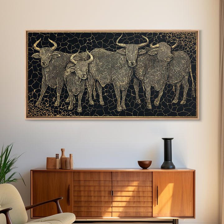 Gold Line Cattle Herd Wall Art, Black Mosaic Tribal Animal Illustration, African Farm Decor, Premium Canvas Print For Home