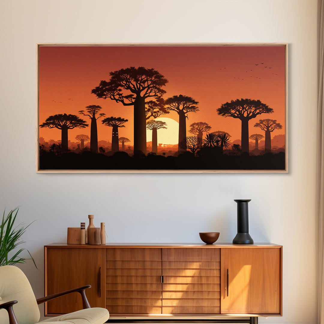 Baobab Trees At Orange Sunset Wall Art, African Landscape Silhouette, Madagascar Safari Decor, Warm Canvas Print For Home