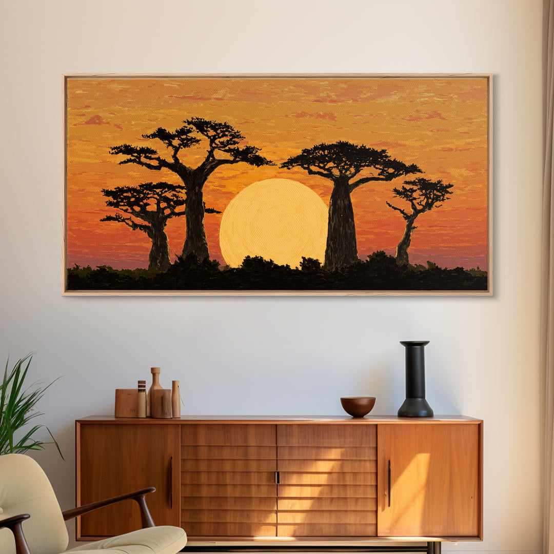 Golden Baobab Sunset Silhouette Wall Art, African Landscape Canvas Decor, Safari Tree Print, Warm Orange Living Room Gift