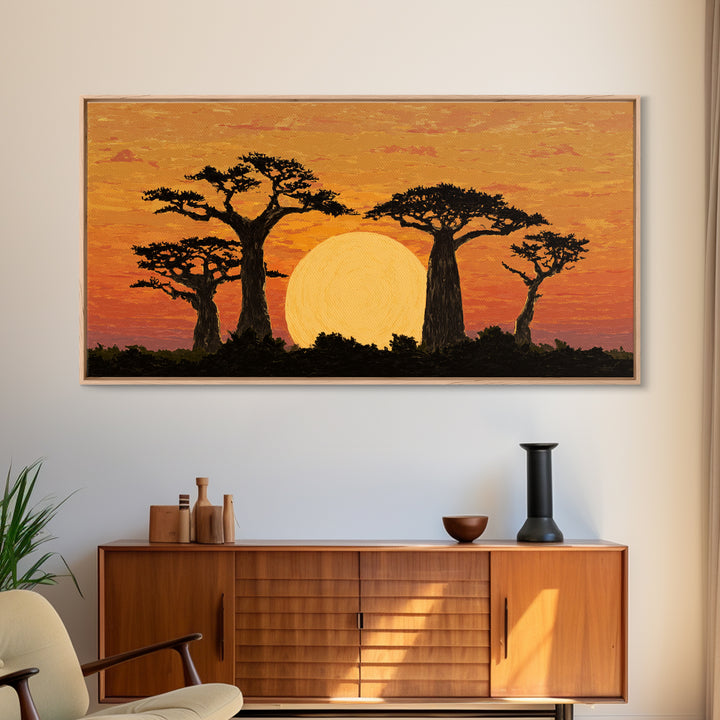 Golden Baobab Sunset Silhouette Wall Art, African Landscape Canvas Decor, Safari Tree Print, Warm Orange Living Room Gift