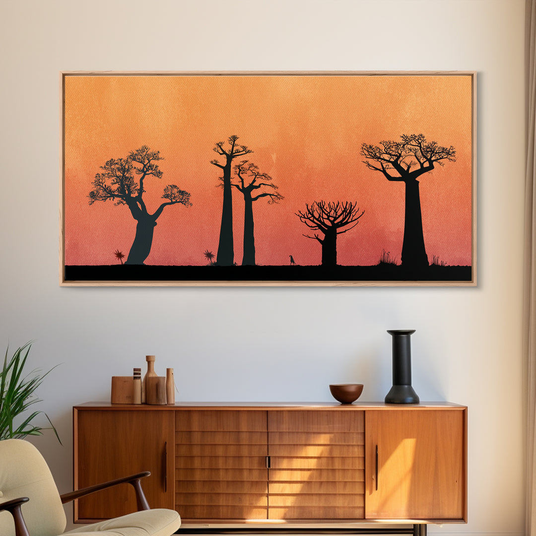 Minimal Baobab Grove Silhouette Canvas Print, African Landscape Wall Decor, Orange Sunset Safari Art, Boho Home Decor Gift