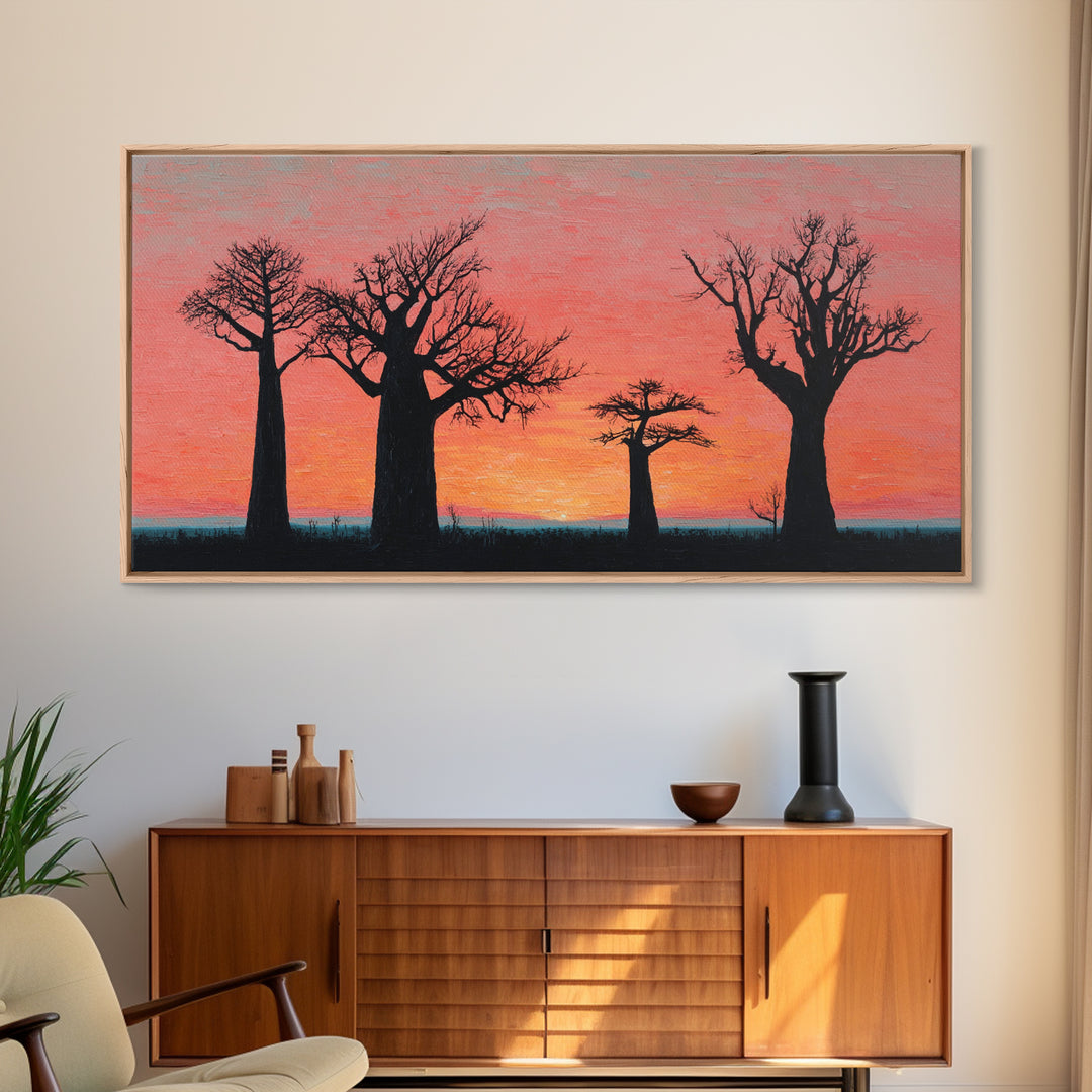 Coral Baobab Tree Silhouette Wall Art, African Landscape Print, Pink Sunset Safari Decor, Modern Canvas Gift For Home Decor