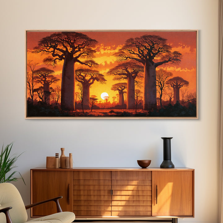 Fiery Baobab Avenue At Sunset Framed Canvas Print, African Safari Landscape Wall Decor, Dramatic Orange Statement Art Gift