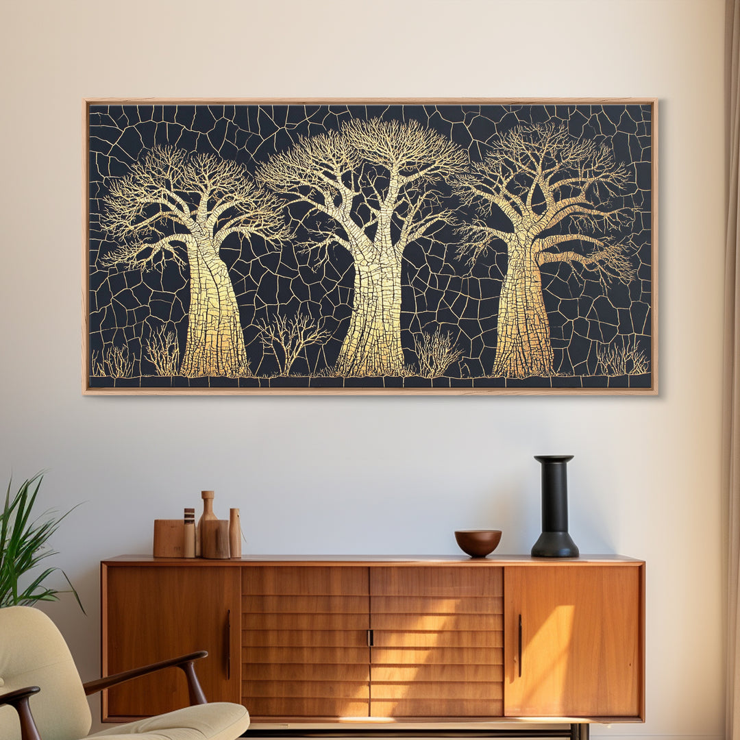 Gold Mosaic Baobab Forest Wall Art, African Tree Canvas Decor, Black And Gold Geometric Safari Print, Luxury Home Decor Gift