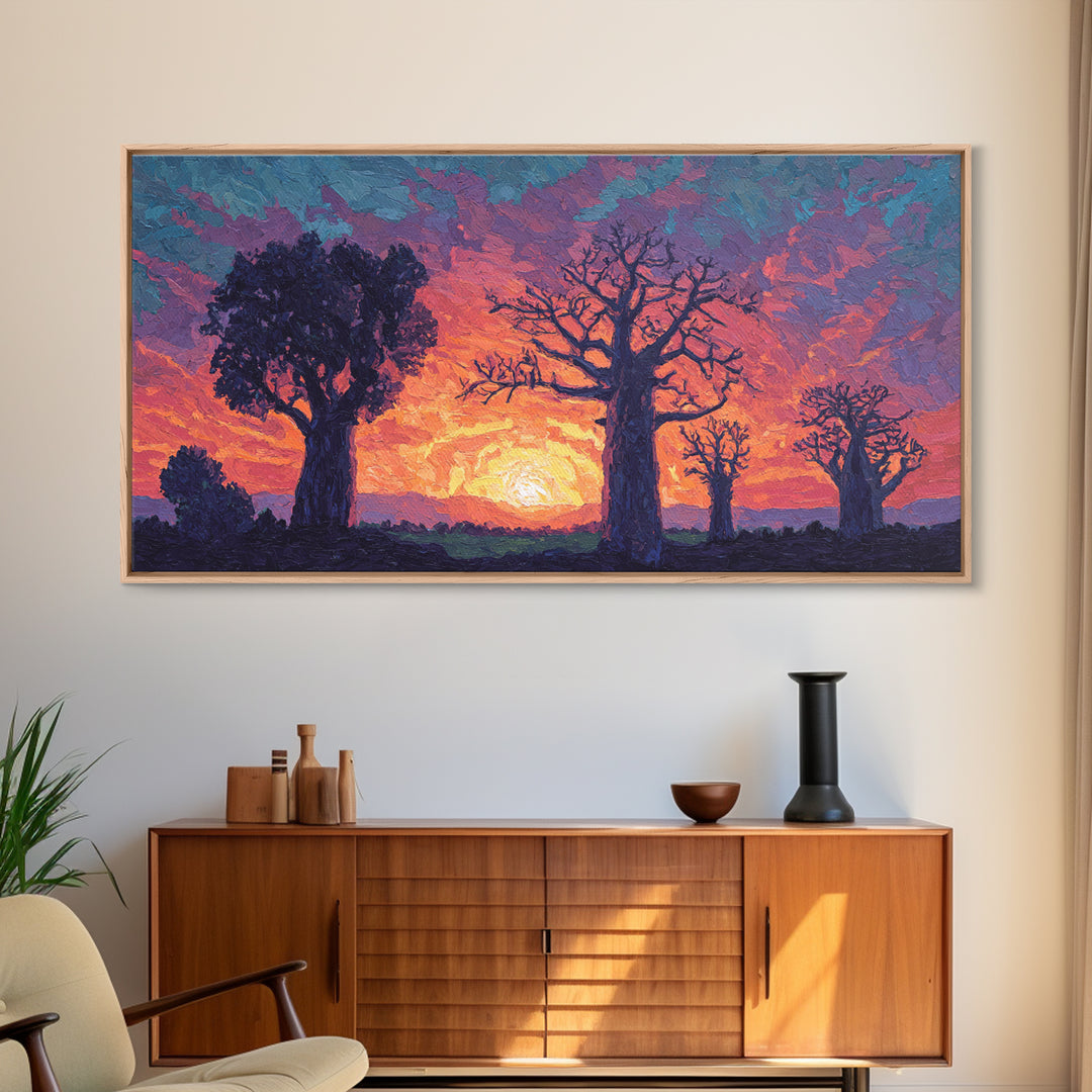 Textured Baobab Sunset Canvas Print, African Landscape Wall Decor, Purple Orange Modern Safari Art, Dreamy Living Room Gift