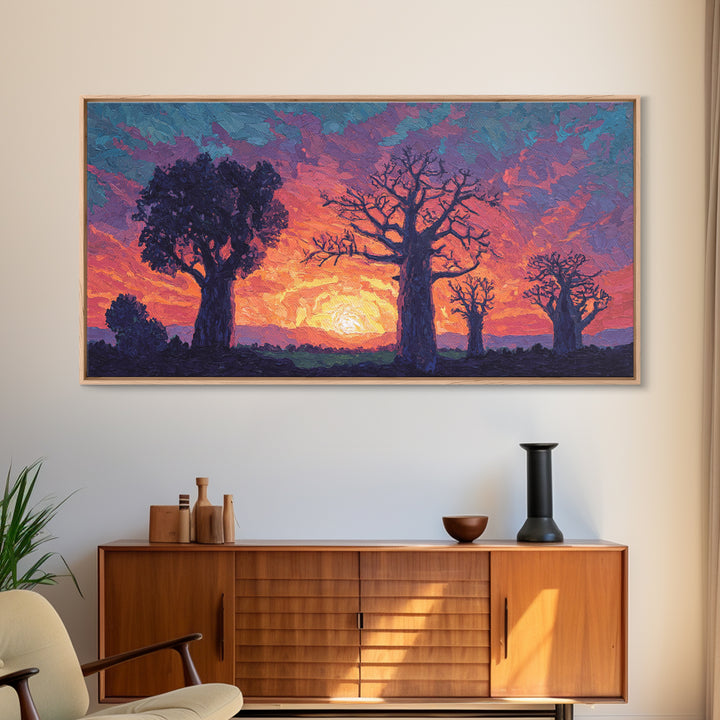 Textured Baobab Sunset Canvas Print, African Landscape Wall Decor, Purple Orange Modern Safari Art, Dreamy Living Room Gift