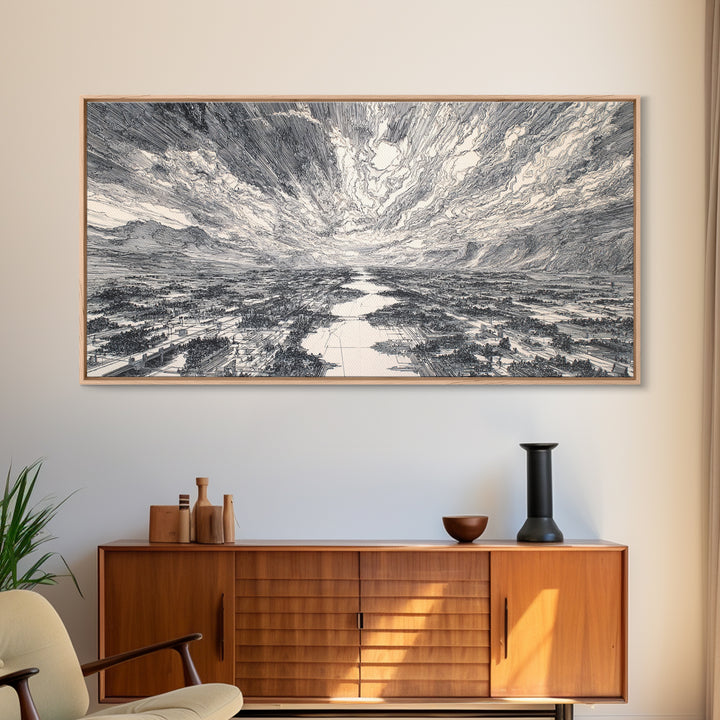 Black And White Etched River Valley Wall Art, African Landscape Print, Dramatic Sky Minimalist Office Decor, Fine Art Gift