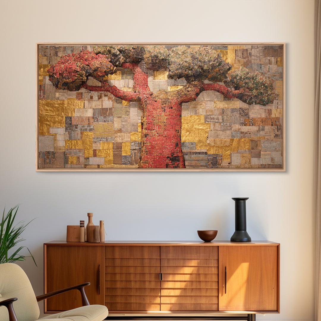 Red Baobab Collage On Gold Canvas Print, African Tree Wall Decor, Textured Mosaic Landscape Art, Bold Living Room Home Decor Gift