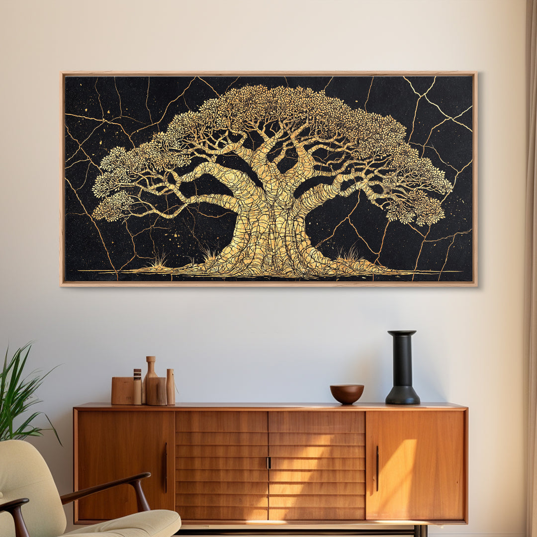 Golden Baobab Tree On Black Wall Art, African Tree Canvas Decor, Gold Crackle Safari Print, Elegant Statement Home Decor Gift