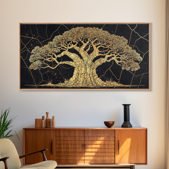 Golden Baobab Tree On Black Wall Art, African Tree Canvas Decor, Gold Crackle Safari Print, Elegant Statement Home Decor Gift