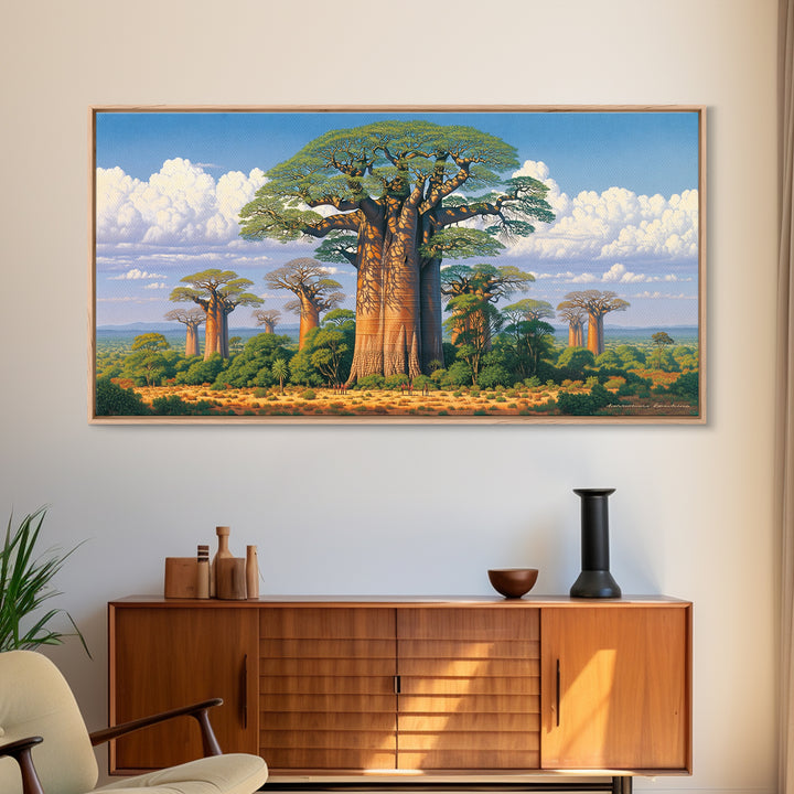 Lush Baobab Forest Under Blue Sky Framed Canvas Print, African Landscape Wall Decor, Madagascar Safari Tree Art Home Decor Gift