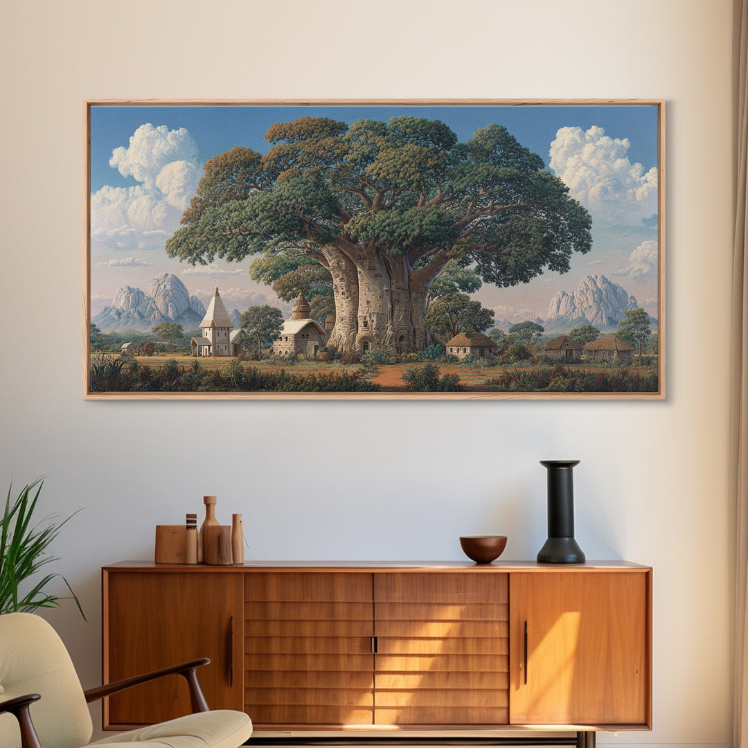 Village Baobab Tree With Church Framed Canvas Print, African Landscape Wall Art, Cultural Home Decor, Housewarming Gift For Her