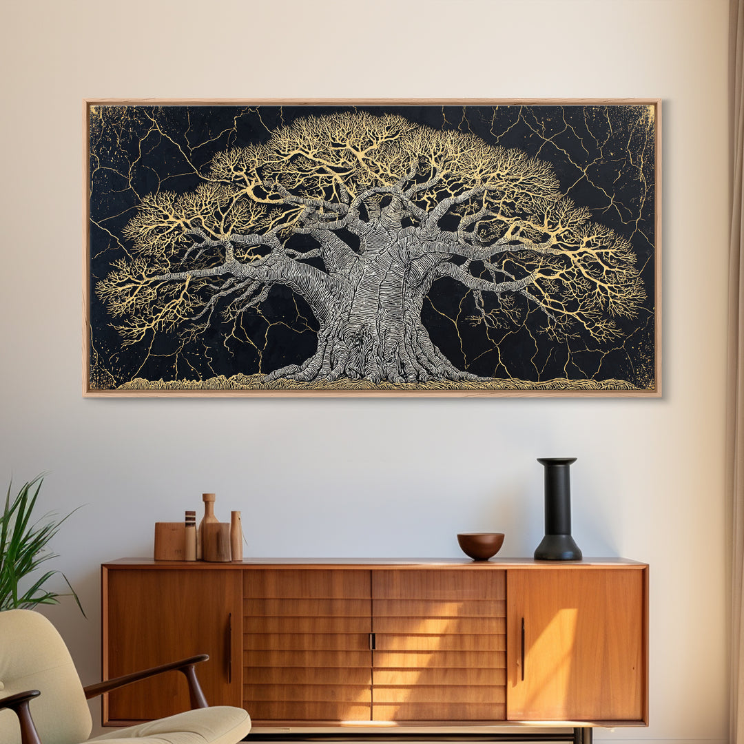 Black And Gold Baobab Tree Canvas Print, Abstract African Art, Textured Statement Wall Art, Modern Tribal Home Decor, Gift