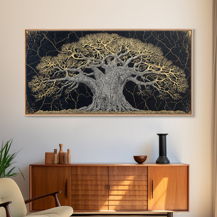 Black And Gold Baobab Tree Canvas Print, Abstract African Art, Textured Statement Wall Art, Modern Tribal Home Decor, Gift