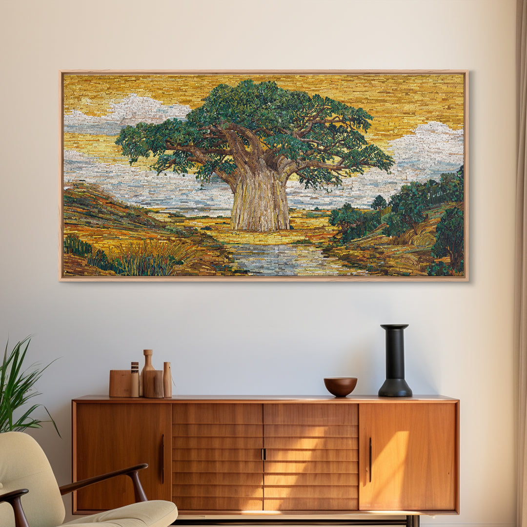 Mosaic Baobab River Landscape Canvas Print, African Tree Wall Art, Earth Tone Safari Decor, Modern Living Room Art, Housewarming Gift