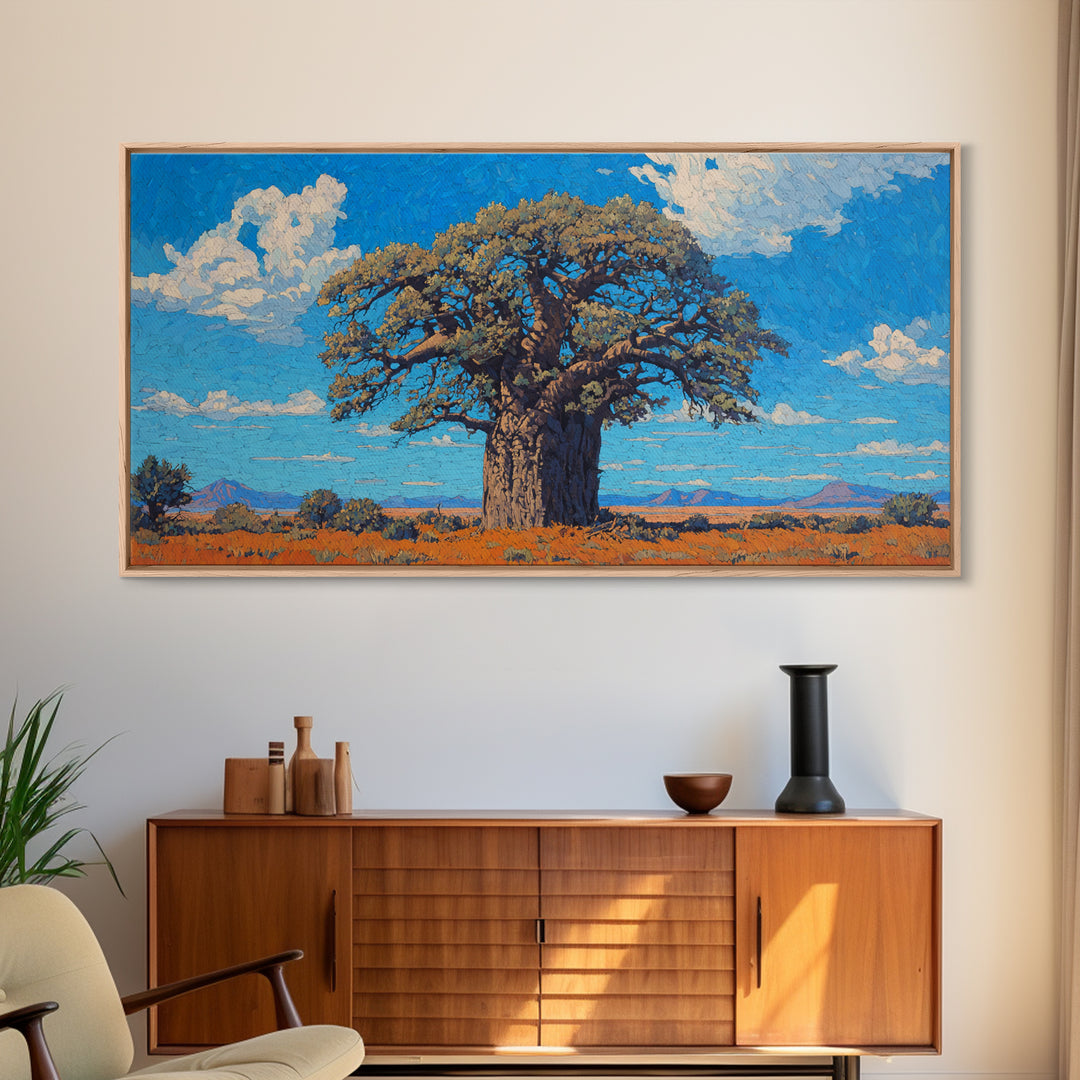 Sunlit Baobab Tree Canvas Print, African Landscape Wall Art, Blue Sky Safari Decor, Nature Scene Art, Unique Home Decor Gift
