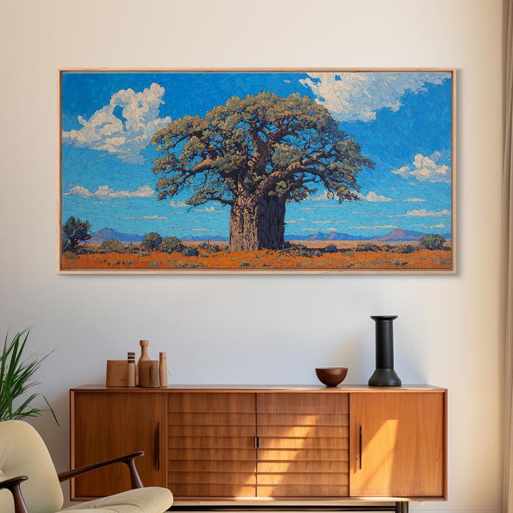 Sunlit Baobab Tree Canvas Print, African Landscape Wall Art, Blue Sky Safari Decor, Nature Scene Art, Unique Home Decor Gift
