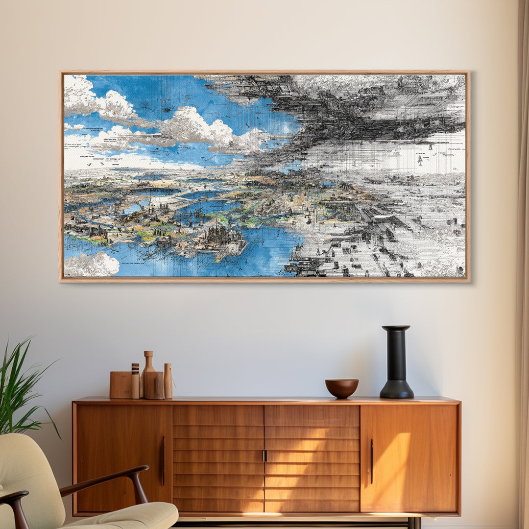 Blue And Black Dreamscape Map Wall Art, Abstract African Landscape Canvas Print, Modern Office Decor, Large Statement Art