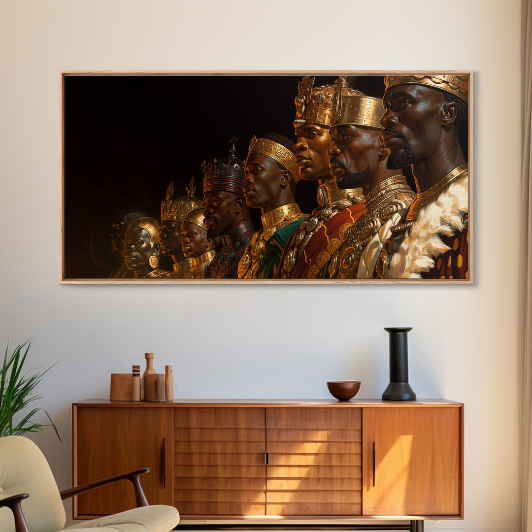 African Kings Royal Portrait Framed Canvas Print, Black History Wall Art, Gold Jewelry Canvas, Afrocentric Home Decor Gift