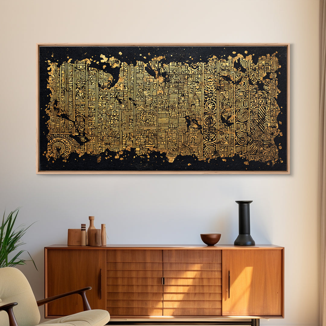 Gold Tribal Textile Pattern Canvas Print, Abstract African Art Decor, Kuba Inspired Wall Decor, Luxury Black Home Accent