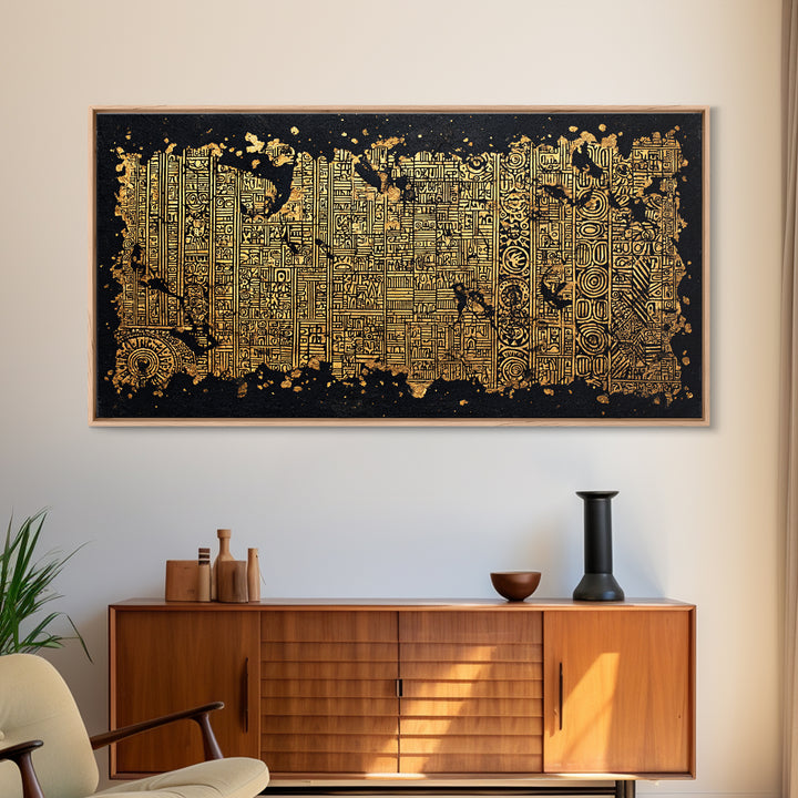 Gold Tribal Textile Pattern Canvas Print, Abstract African Art Decor, Kuba Inspired Wall Decor, Luxury Black Home Accent