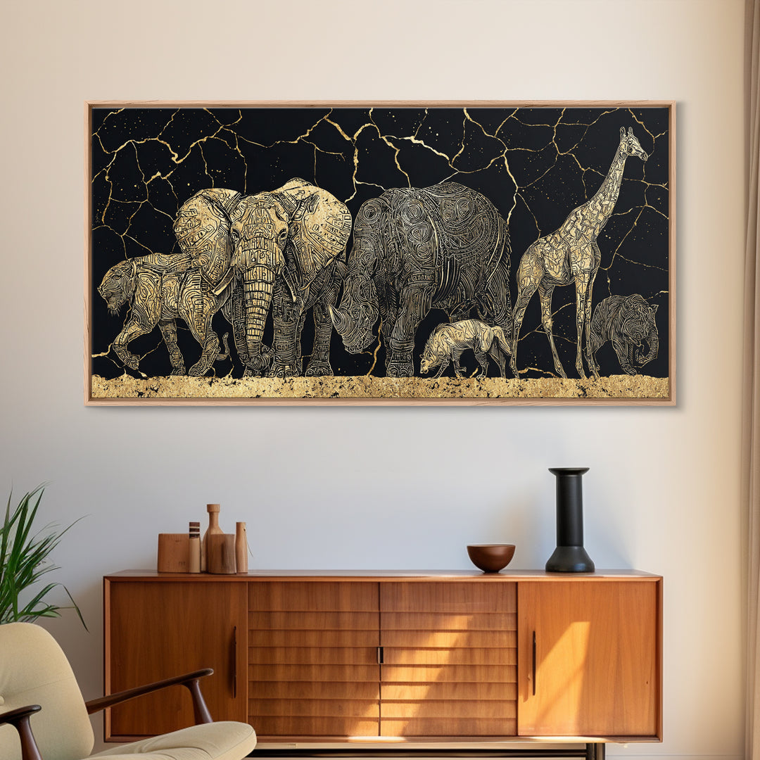 African Safari Animals Wall Art, Elephant Giraffe Family Canvas Decor, Serengeti Wildlife Print, Black Gold Home Accent Gift
