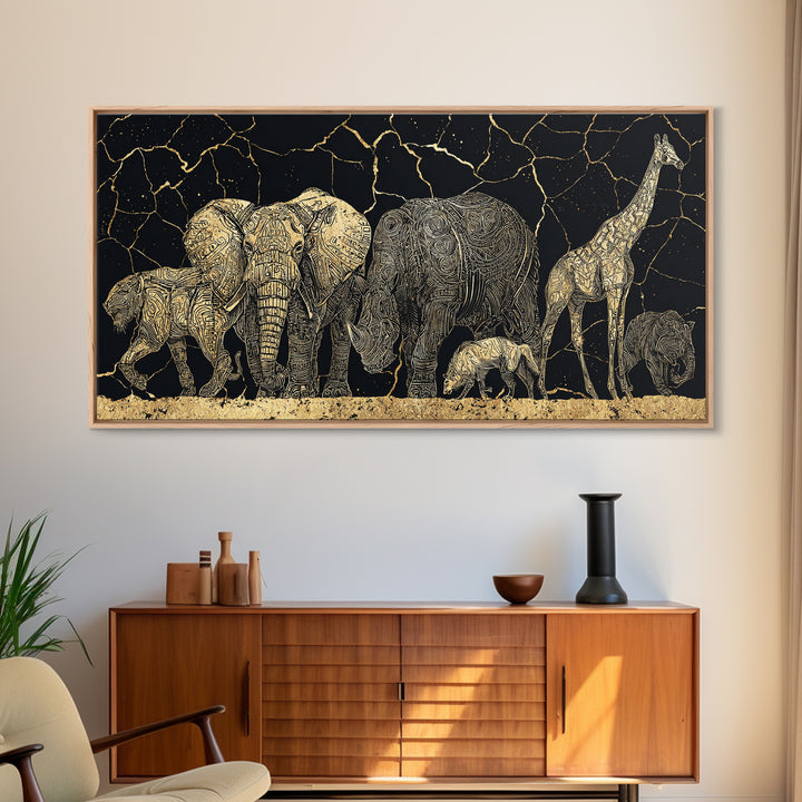 African Safari Animals Wall Art, Elephant Giraffe Family Canvas Decor, Serengeti Wildlife Print, Black Gold Home Accent Gift