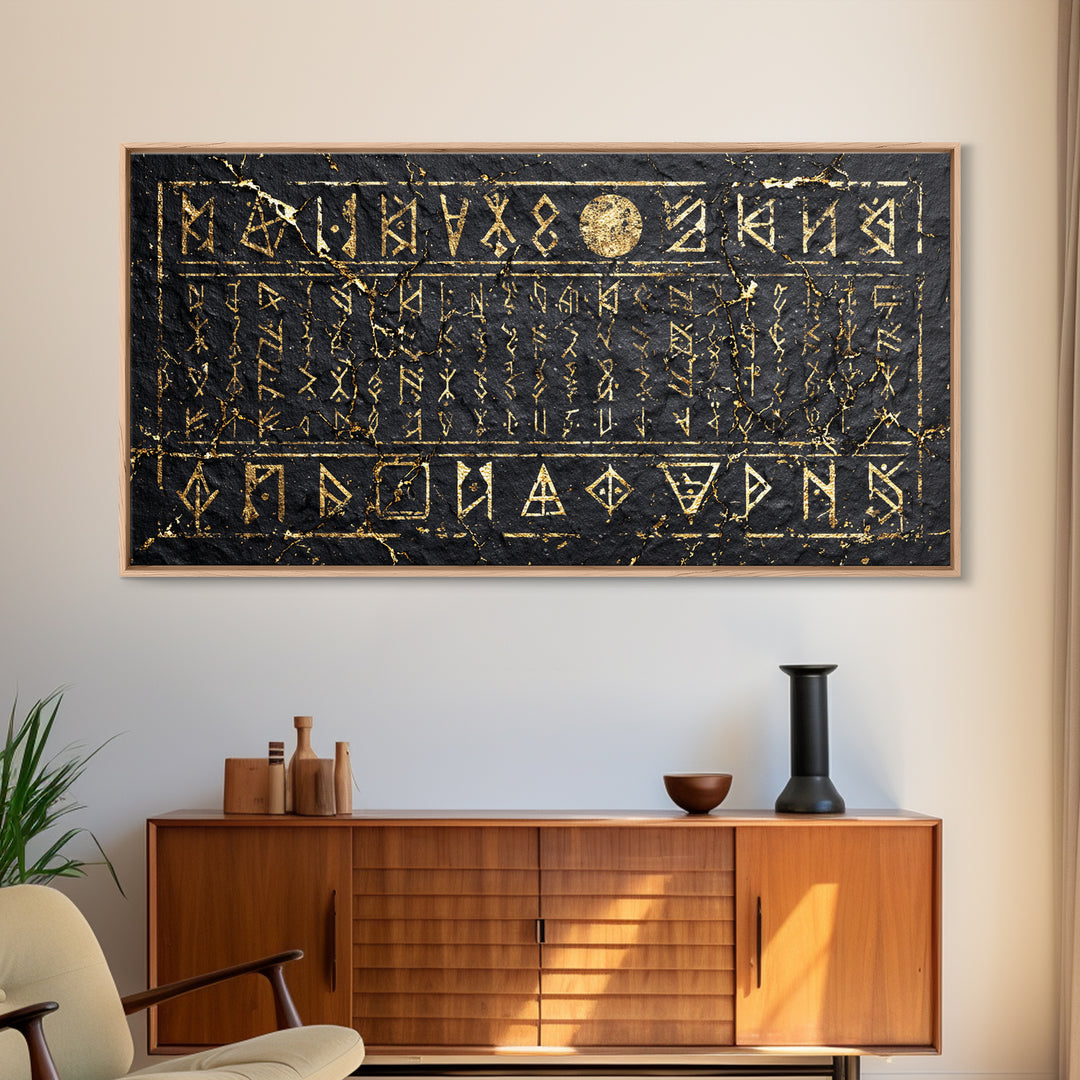 Black Gold Ancient Glyph Stone Tablet Wall Art, African Tribal Decor, Mystical Cultural Art, Framed Canvas Print For Statement Home Decor