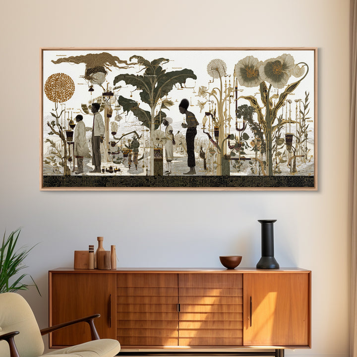 Neutral Botanical Black Figures Garden Wall Art, African American Art, Elegant Floral Canvas Print For Living Room Decor