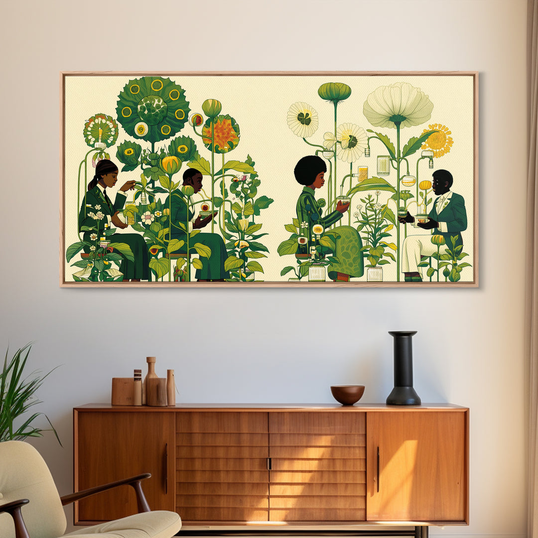 Green Botanical Reading Garden Canvas Print, African Women Art, Afrocentric Wall Decor, Nature Scene Art For Home Decor Gift
