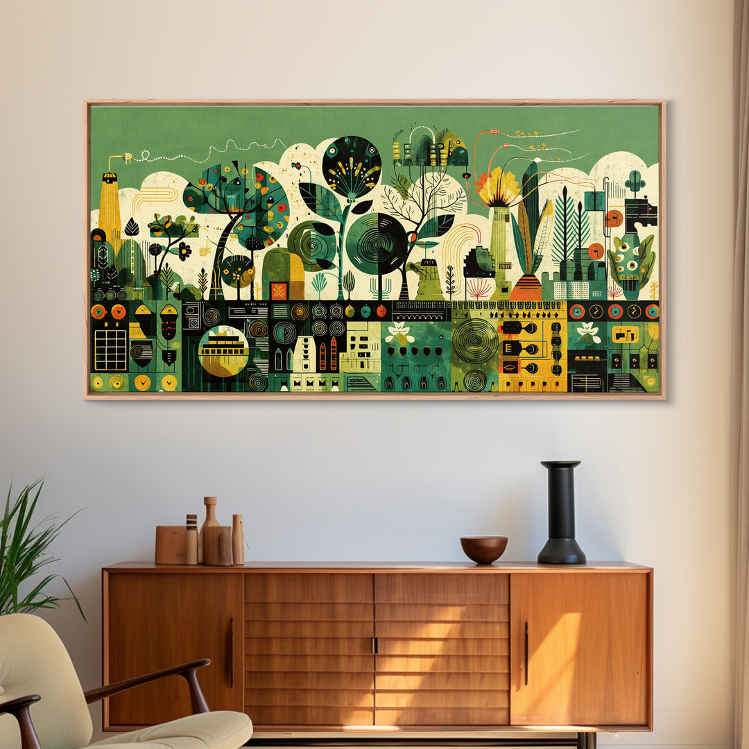 Green Abstract Botanical Cityscape Wall Art, African Patterns, Modern Afrocentric Canvas Print, Cultural Home Decor Gift