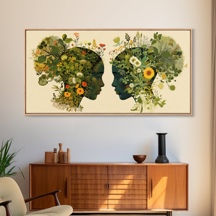 Floral Black Women Profile Portrait Wall Art, African Woman Art, Afrocentric Feminine Canvas Print, Botanical Home Decor Gift