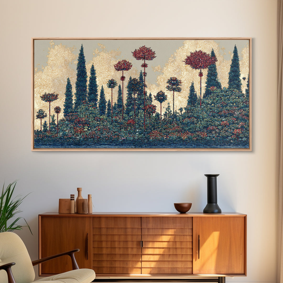 Dreamy Blue Forest Flower Landscape Canvas Print, African Inspired Wall Art, Nature Scene Art For Elegant Living Room Decor