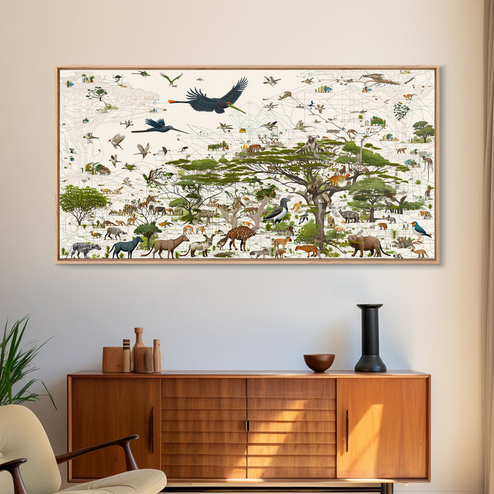 African Safari Animals Acacia Tree Wall Art, Serengeti Wildlife Canvas Print, Jungle Decor For Kids Room Or Office Decor