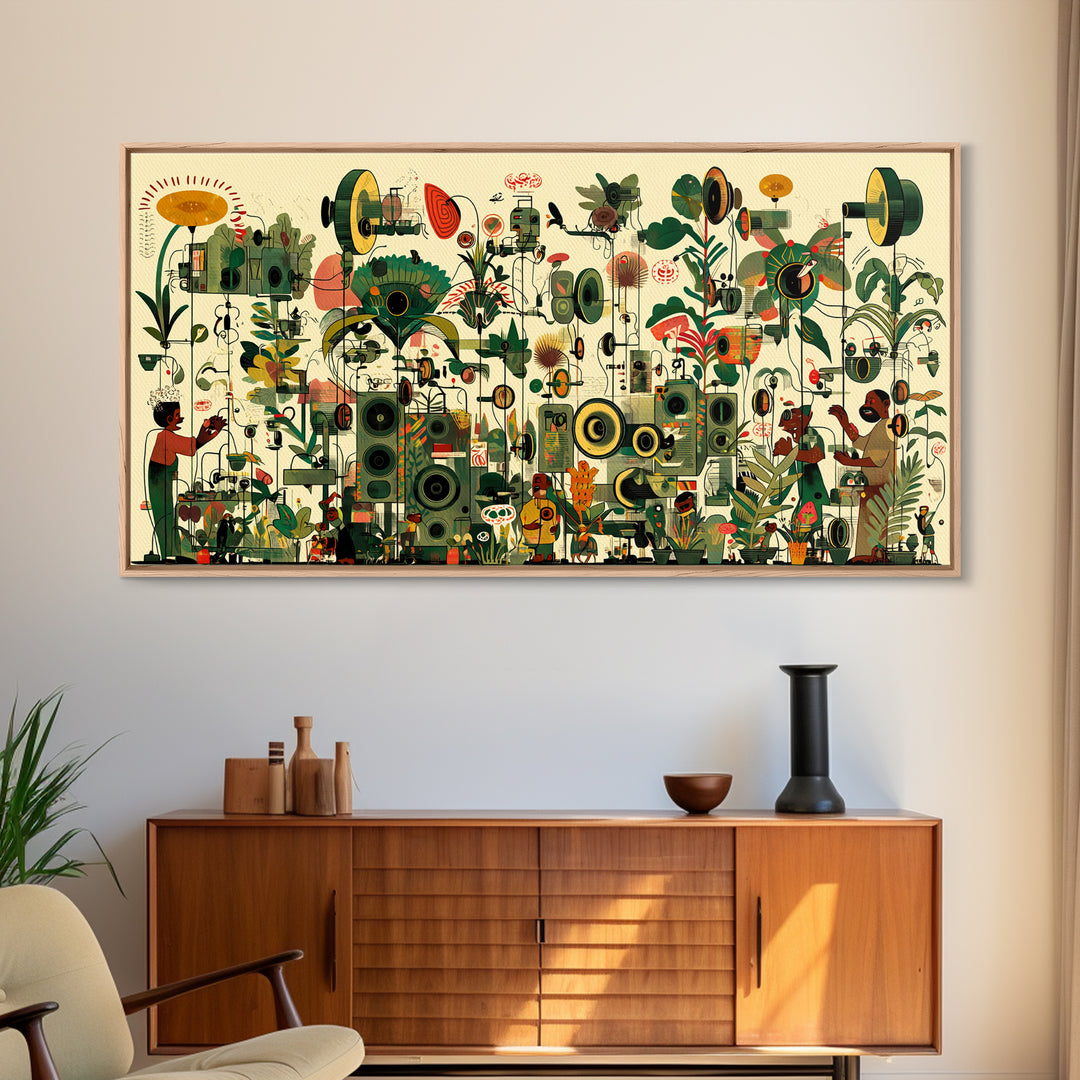 Vibrant African Garden Music Festival Canvas Print, Afrocentric Wall Decor, Black Culture Art, Botanical Living Room Art