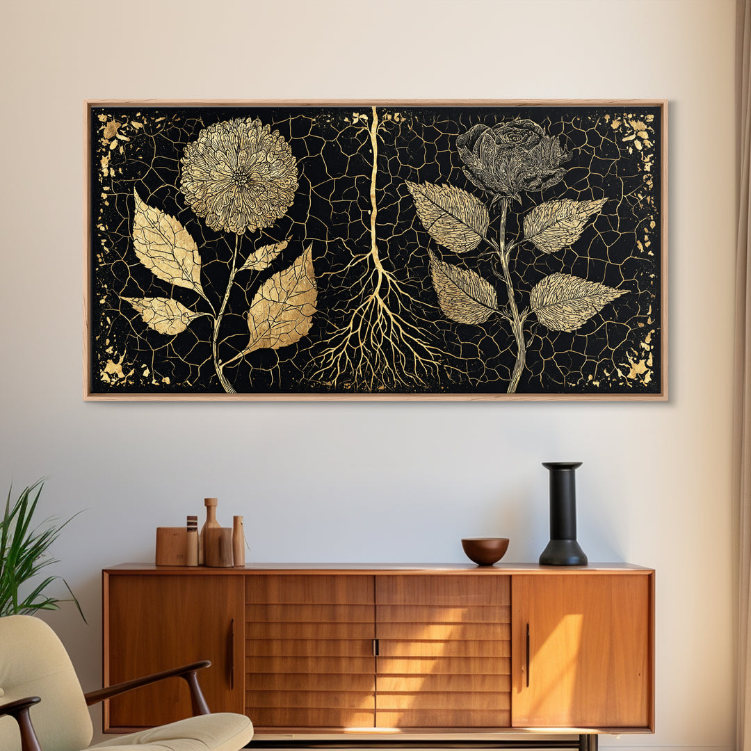 Black Gold Botanical Roots Framed Canvas Print, African Inspired Wall Decor, Luxury Nature Art, Elegant Home Decor Gift Idea