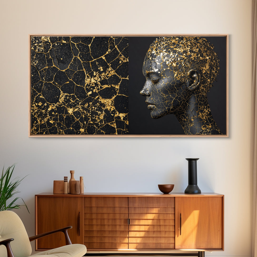 Black Gold Kintsugi African Portrait Canvas Print, Modern Black Art Decor, Luxury Wall Art, Elegant Woman Profile Artwork