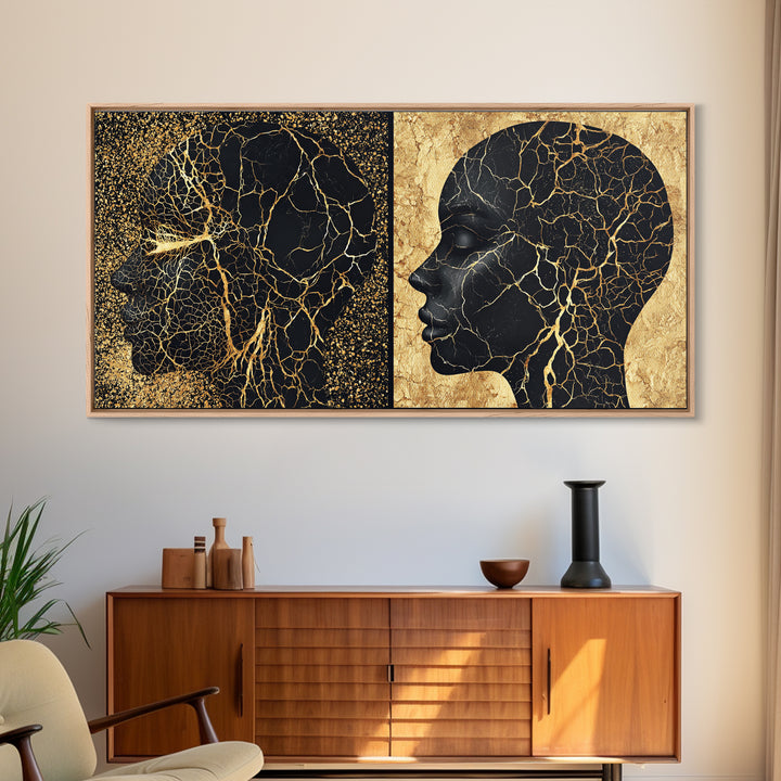 Black Gold Rooted African Profile Diptych Framed Canvas Print, Spiritual Wall Art, Modern Afrocentric Decor, Luxury Art Print