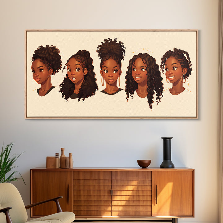 Cute Black Girl Hairstyle Portraits Wall Art, Melanin Artwork, African American Kids Decor, Black Girl Magic Canvas Print
