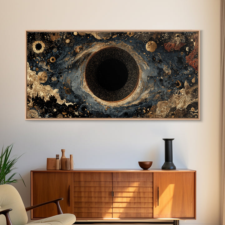 Black Gold Cosmic Eye Framed Canvas Print, Luxury Abstract Wall Decor, Mystical Space Art For Modern Living Room Home Decor