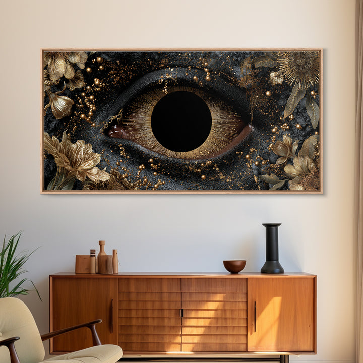 Golden Floral Mystic Eye Canvas Print, Black And Gold Abstract Wall Art, Luxury Feminine Decor For Stylish Living Room Gift