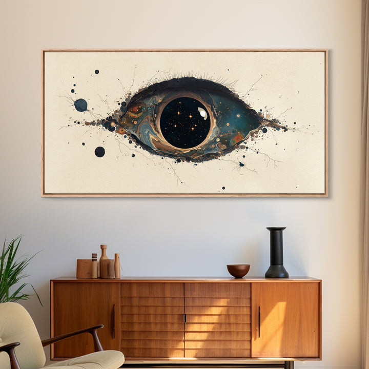 Cosmic Eye Canvas Print, Teal Gold Abstract Painting, Dreamy Wall Art, Modern Mystical Decor For Bedroom Or Office Statement Piece