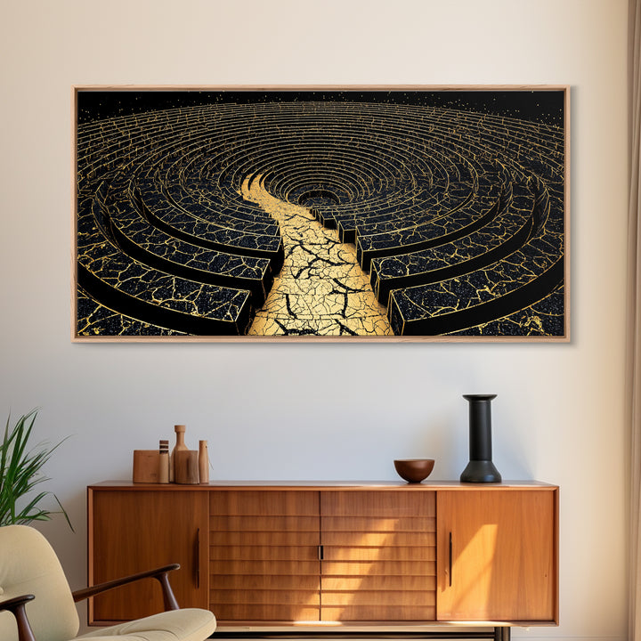 Golden Labyrinth Wall Art, Black And Gold Abstract Spiral Maze, Luxury Canvas Print, Modern Geometric Statement Decor Home Decor