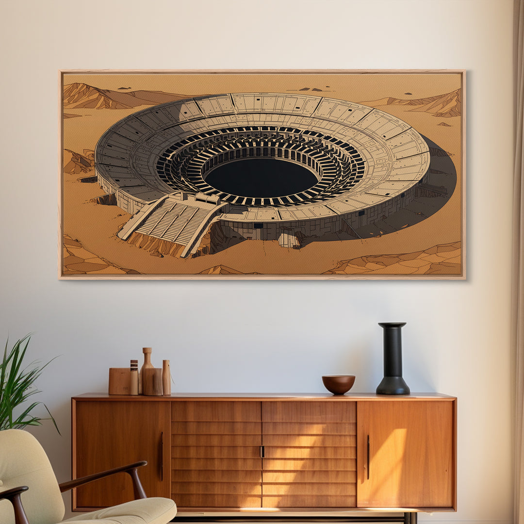 Desert Colosseum Canvas Print, Futuristic Arena Landscape, Beige Wall Art, Architectural Decor, Modern Office Art For Living Room