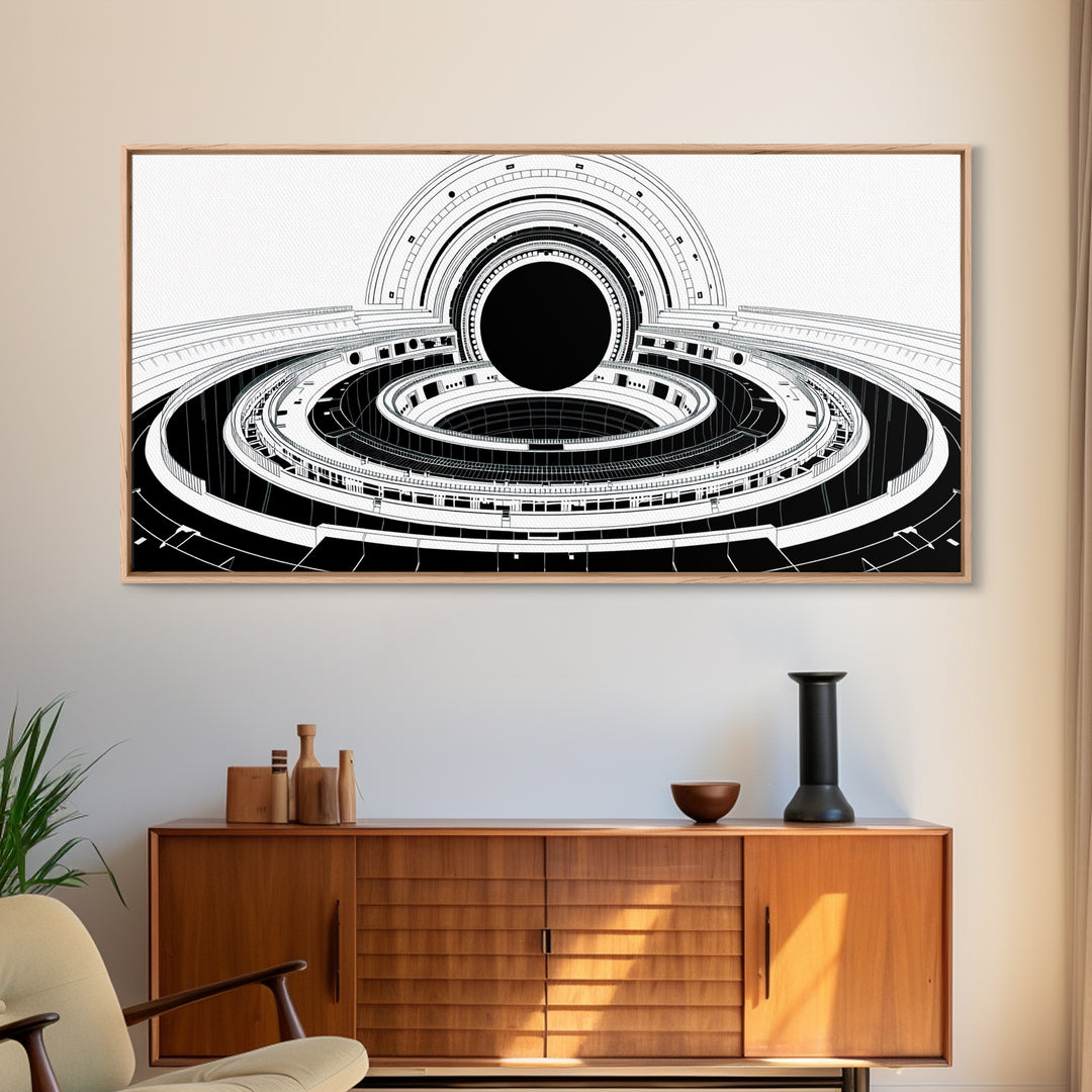 Monochrome Space Station Wall Art, Black And White Futuristic Architecture, Minimalist Canvas Print, Modern Office Decor