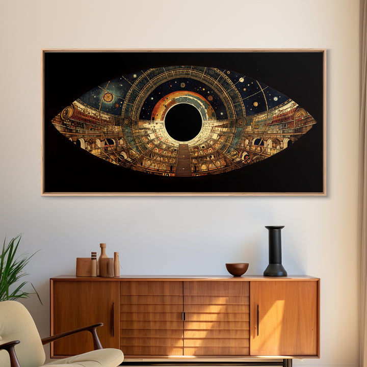 Celestial Observatory Eye Canvas Print, Ornate Cosmic Library Wall Art, Black Gold Sci Fi Decor, Mystical Statement Piece