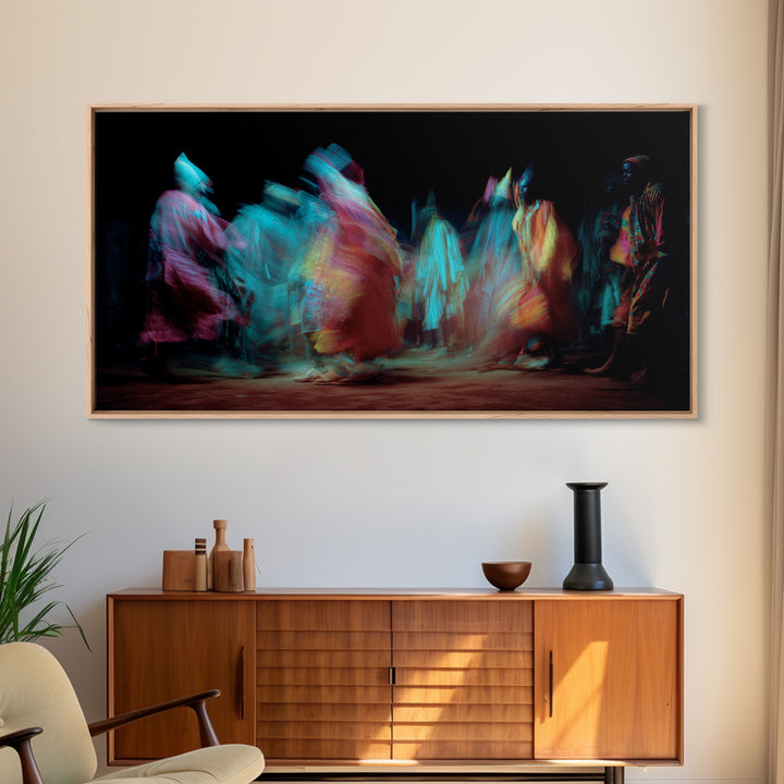 Blurred African Dancers In Jewel Robes Wall Art, Afrocentric Dance Canvas, Cultural Home Decor, Vibrant Tribal Art Print