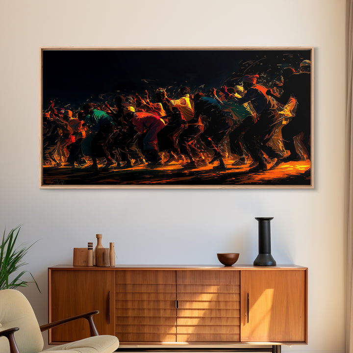 Golden Line Of African Dancers Canvas Print, Black Culture Art, Afrocentric Wall Decor, Vibrant Movement Painting, Cultural Art