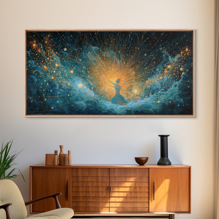Cosmic African Goddess In Blue Gold Light Wall Art, Spiritual Afrocentric Decor, Mystical Woman Canvas, Dreamy Art Print