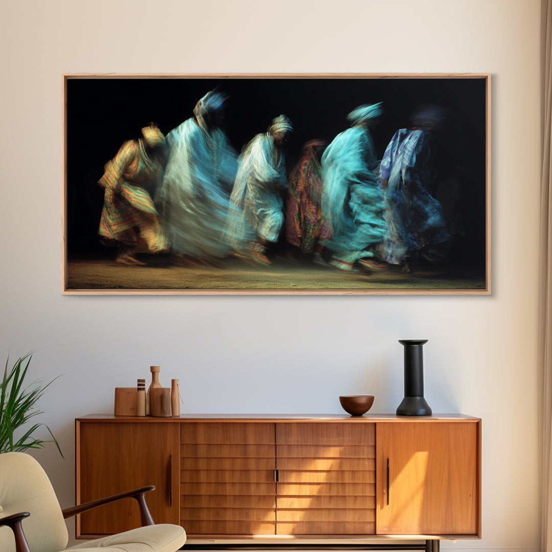 Blue Robed African Procession Wall Art, Abstract Dance Movement, Afrocentric Cultural Decor, Ethnic Canvas Print For Home